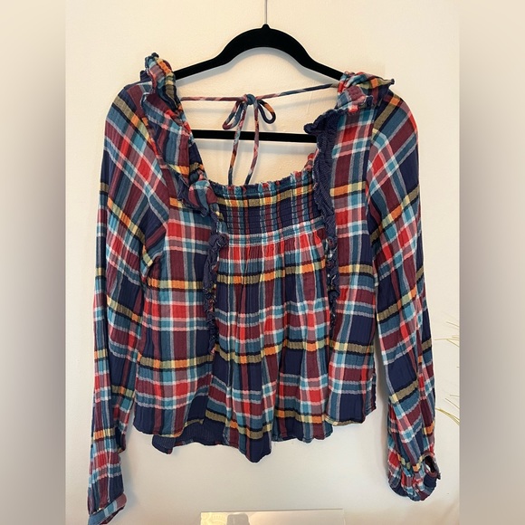 Free People We the Free Sienna Plaid Navy Ruffle Top Size Small - Picture 9 of 10